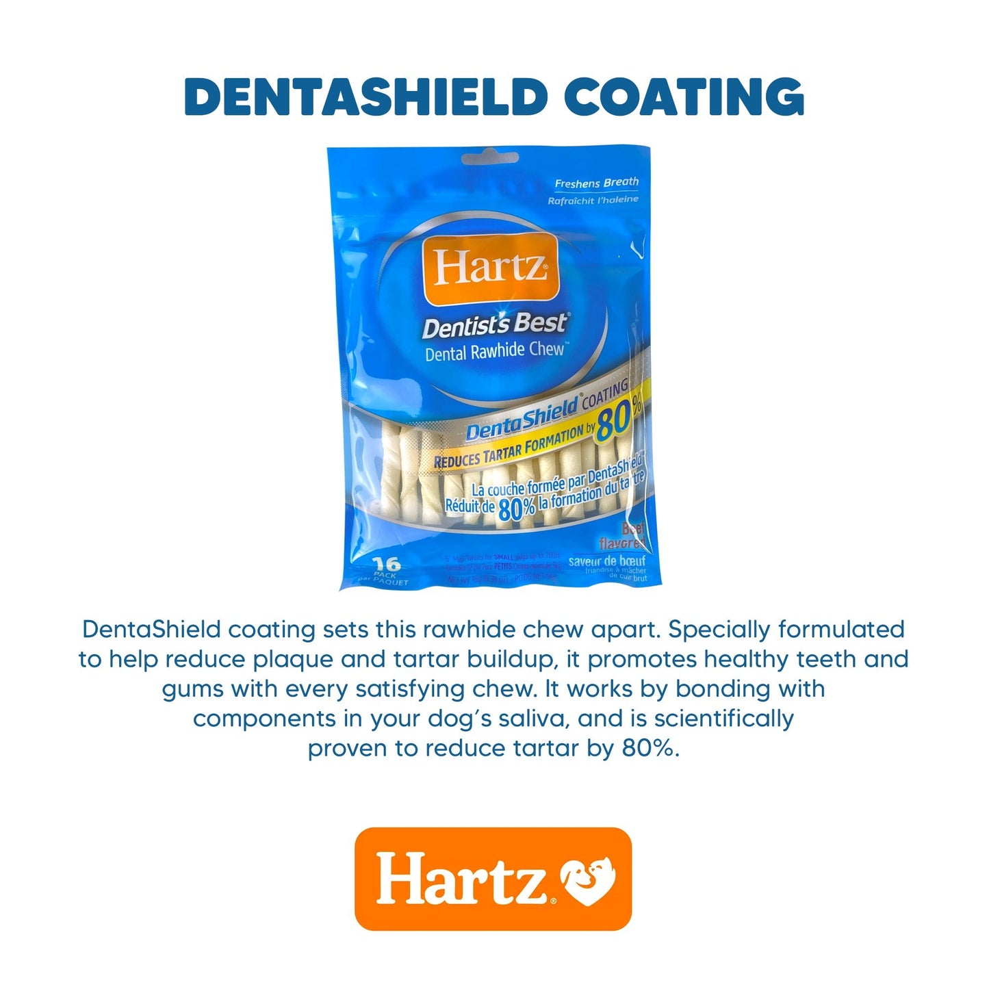 Dentist’s Best DentaShield 5” Sticks Rawhide Chew - 16 sticks - Premium Feeders - Hartz - Dog Dental Treats