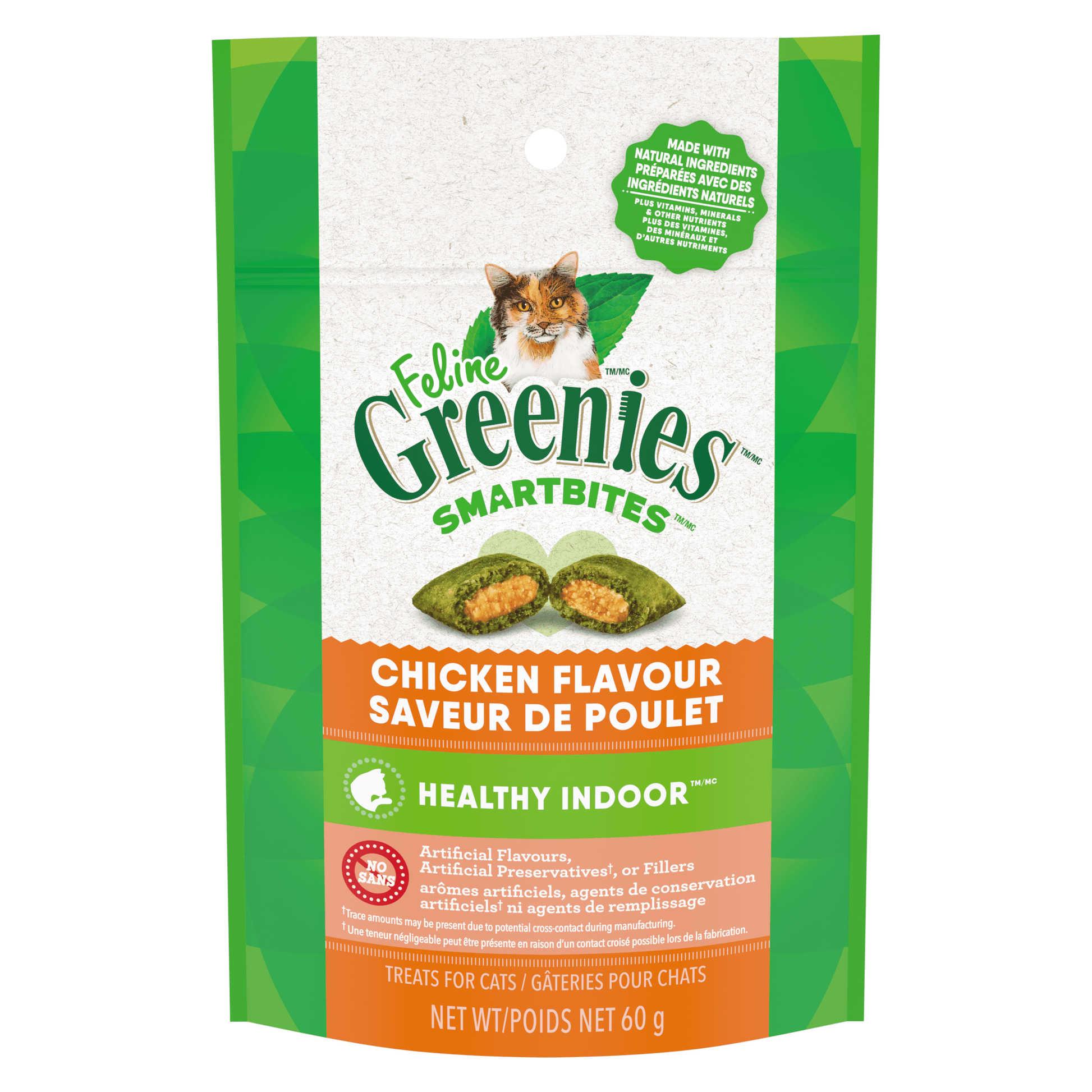 FELINE GREENIES Chicken Flavored Healthy Indoor SMARTBITES - 60g - Premium Feeders - Greenies - Cat Treats